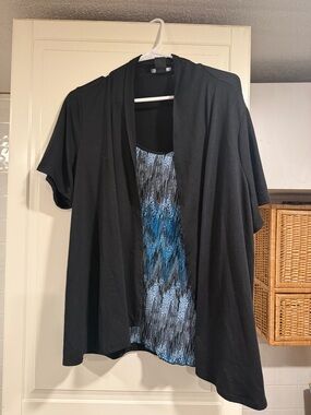 Notations Black Open Front Cardigan with Blue Patterned Tank Layer size 2X 4:3